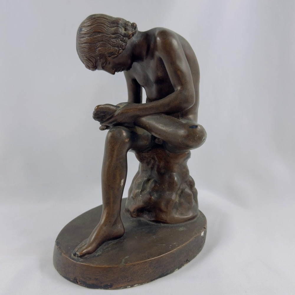 VTG Bronze Finish Sculpture Boy W/ Thorn, Spinario Greek Roman '68 Art Deco NICE